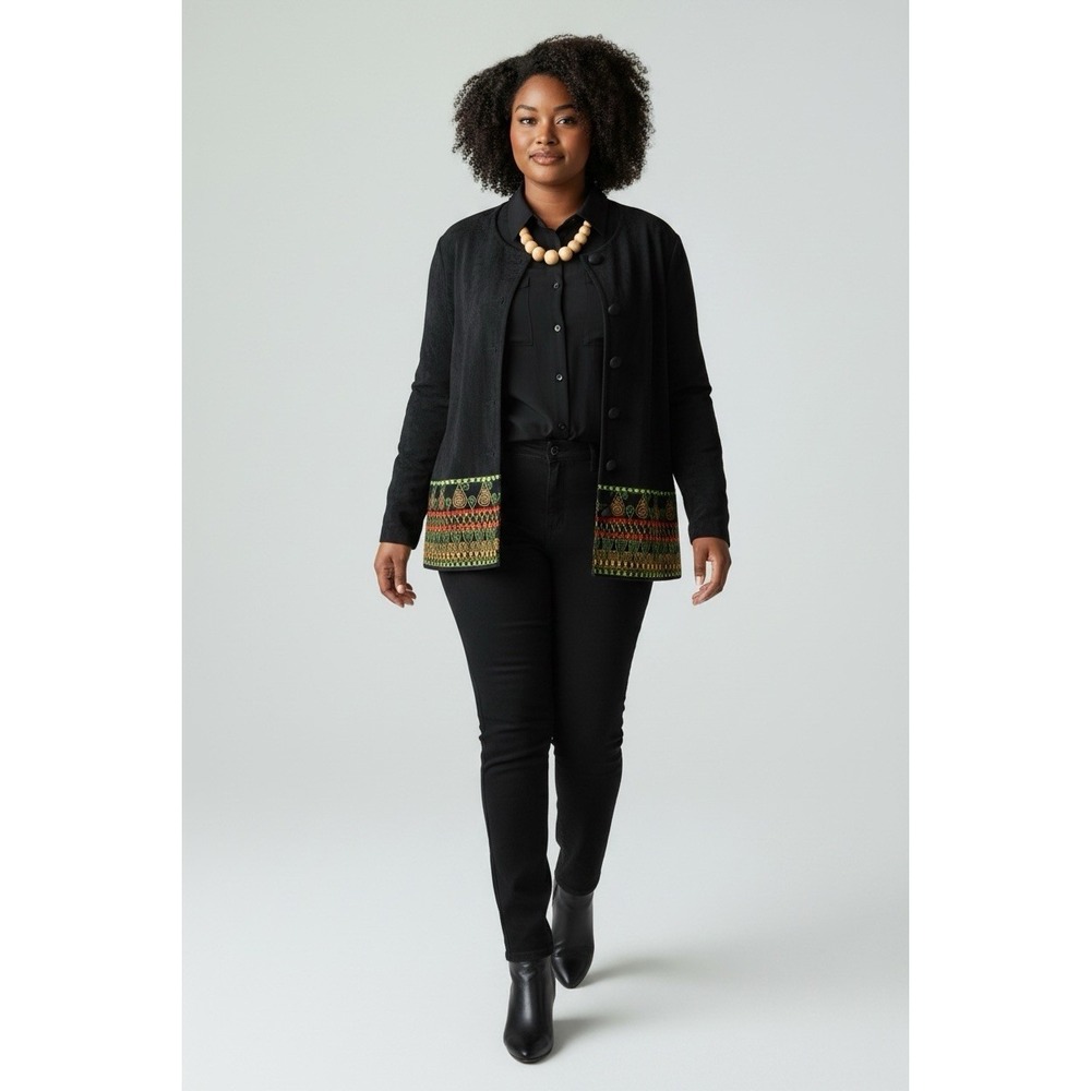 Jolibel Jacket‎ Women's 16 Black Embroidered Button Up Vintage Boho Artsy